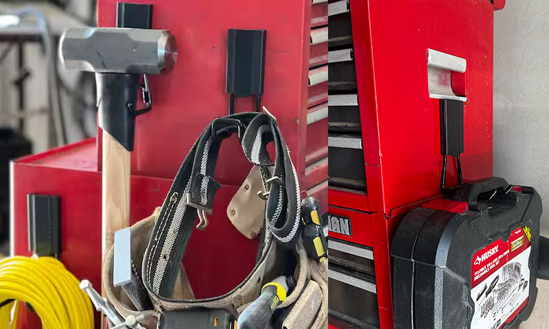 Gator magnetic hooks hold a sledgehammer, loaded tool belt and tool case on a red steel toolbox.