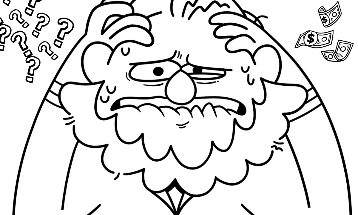 Cartoon man scratching his head as questions and dollar bills float around him.