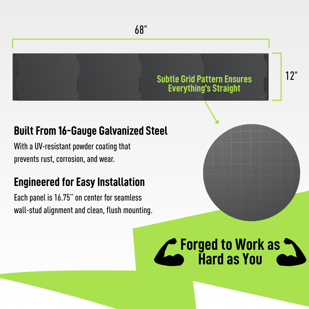 A 68-inch wide by 12-inch high seamless multi-panel steel wall panel system built from 16-gauge galvanized steel with a UV-resistant powder coating showing a subtle grid pattern for precise alignment, designed for tool and equipment organization in workshops or garages.