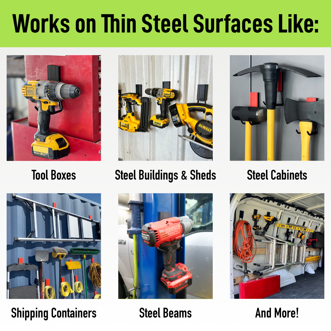 A cordless drill is hung on a red steel toolbox panel using a Gator Magnetics magnetic hook, demonstrating sturdy and tool-free storage on a compatible flat steel surface.