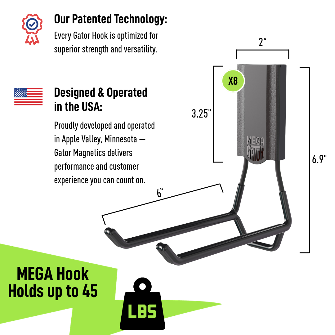 6" MEGA Open Magnetic Hook 8-Pack - Holds up to 45 lbs