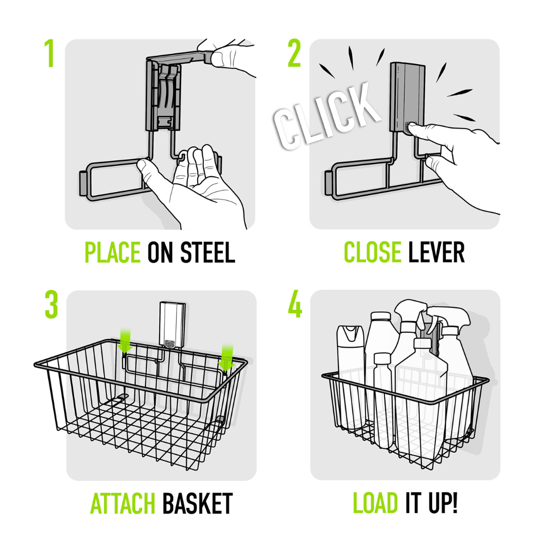 A person places and secures a Gator Magnetics Magnetic Storage Basket on a flat steel wall panel using the patented Easy-Off™ lever, then attaches the basket and fills it with various spray bottles and containers.