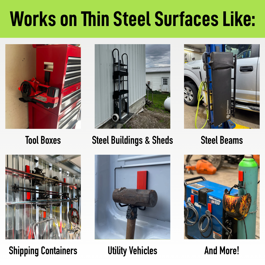 Six examples demonstrate cleaning product storage ideas using Gator Magnetics magnetic hooks and accessories on various thin steel surfaces.