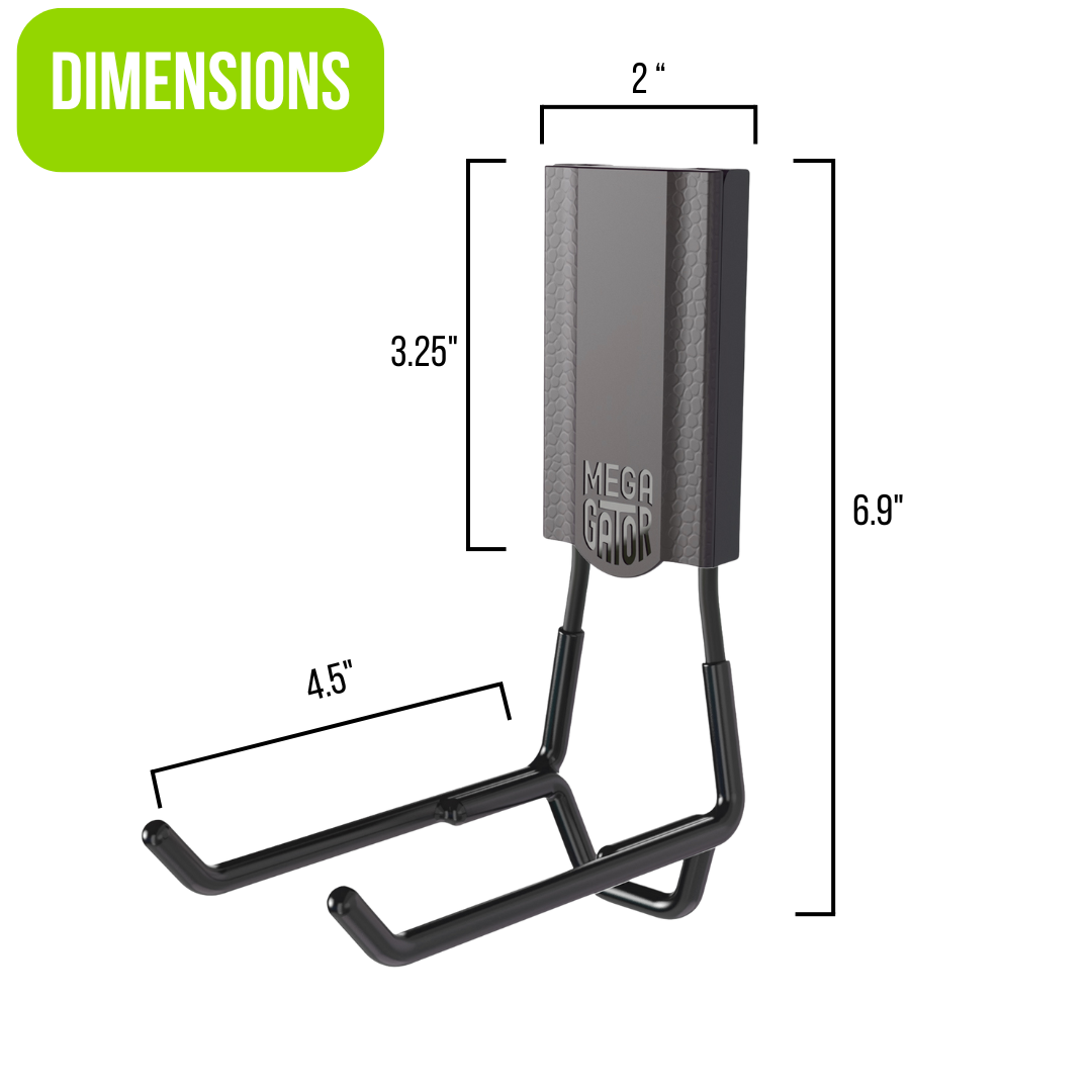 Dimensions of Mega Gator heavy-duty magnetic hook with 4.5-inch open prongs for tool and equipment storage.