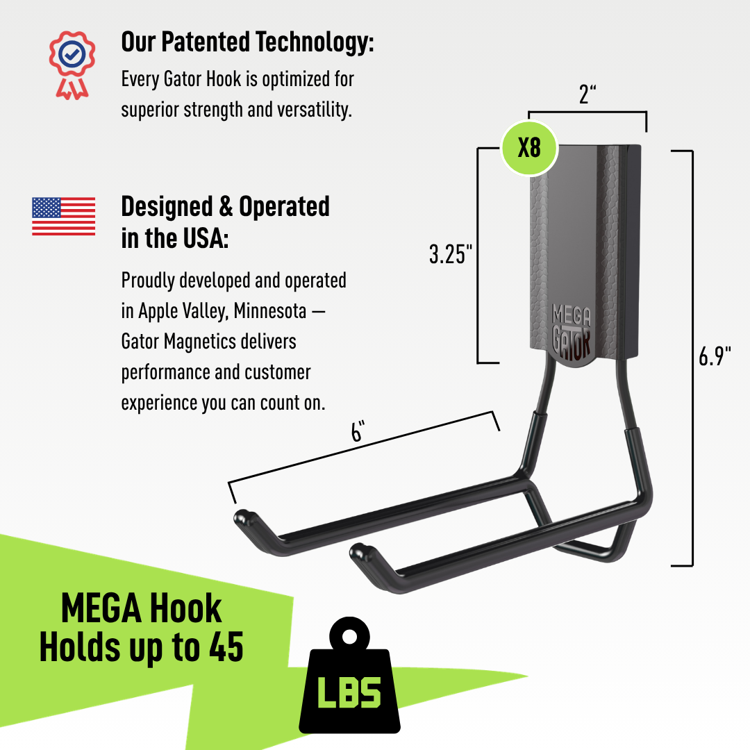 Chart comparing Gator Magnetics hooks showing lengths from 2.5 to 6 inches, styles as open and closed, with weight capacities of 25 lbs for hooks and 45 lbs for hooks, displayed on a plain white background with green and black section headers.