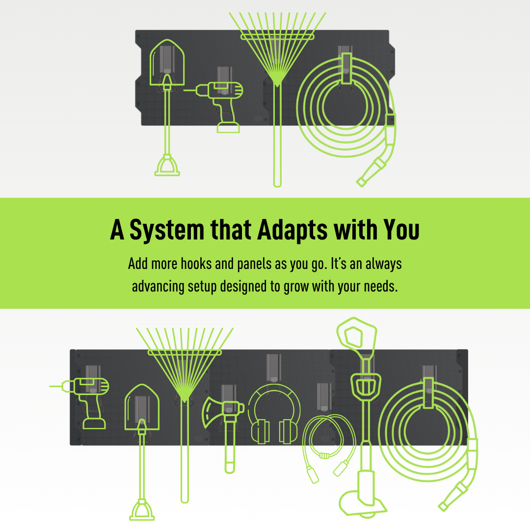 Two Gator Steel Wall Panels are mounted on a flat steel surface holding garden tools including a shovel, rake, and weed trimmer; power tools, a hammer, headphones, and coiled hoses are also hung using red magnetic hooks that close, demonstrating a modular storage system that adapts to growing needs.