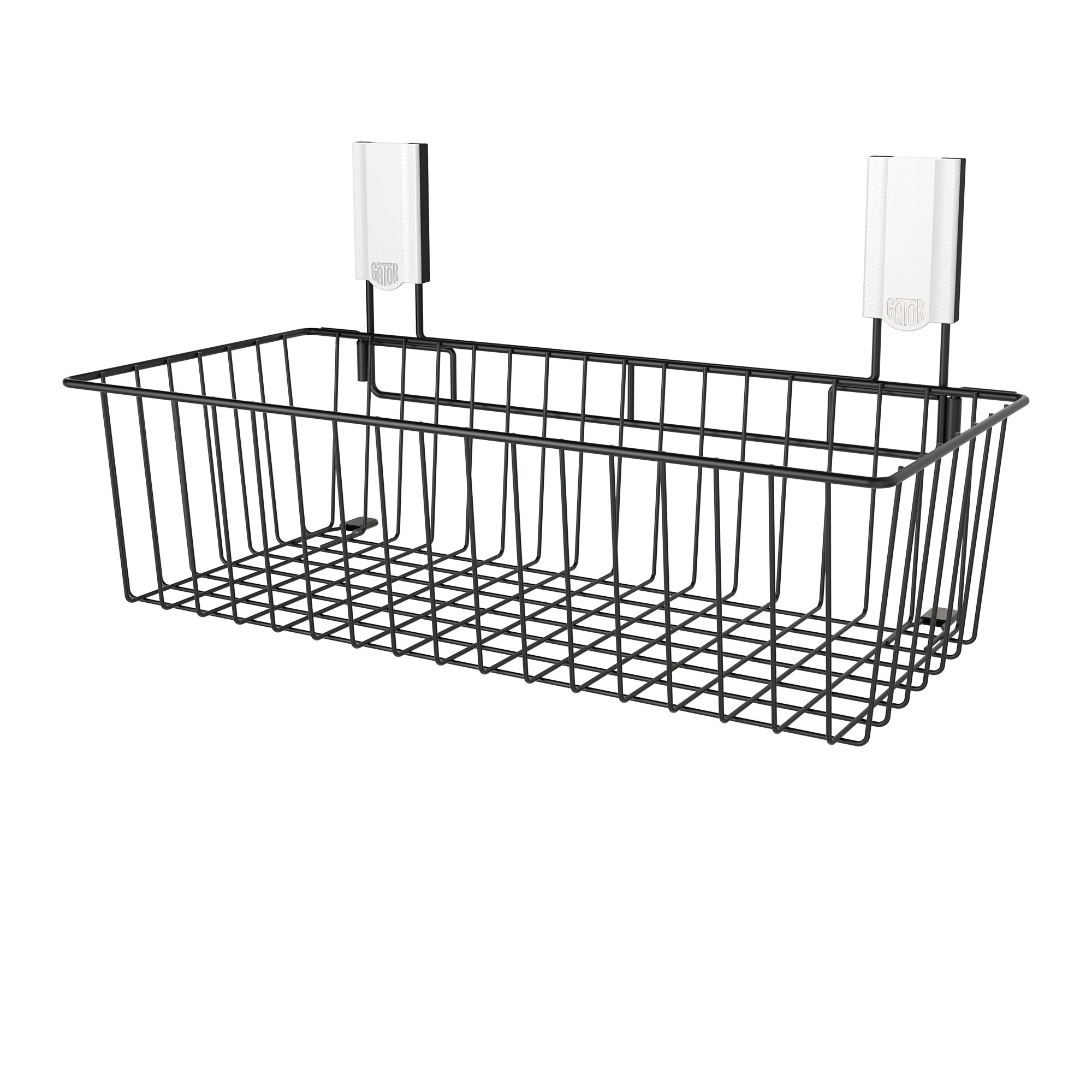 A black wire magnetic storage basket from Gator Magnetics with white steel edge caps designed for effortless attachment to steel surfaces such as a magnetic hooks cruise cabin wall.