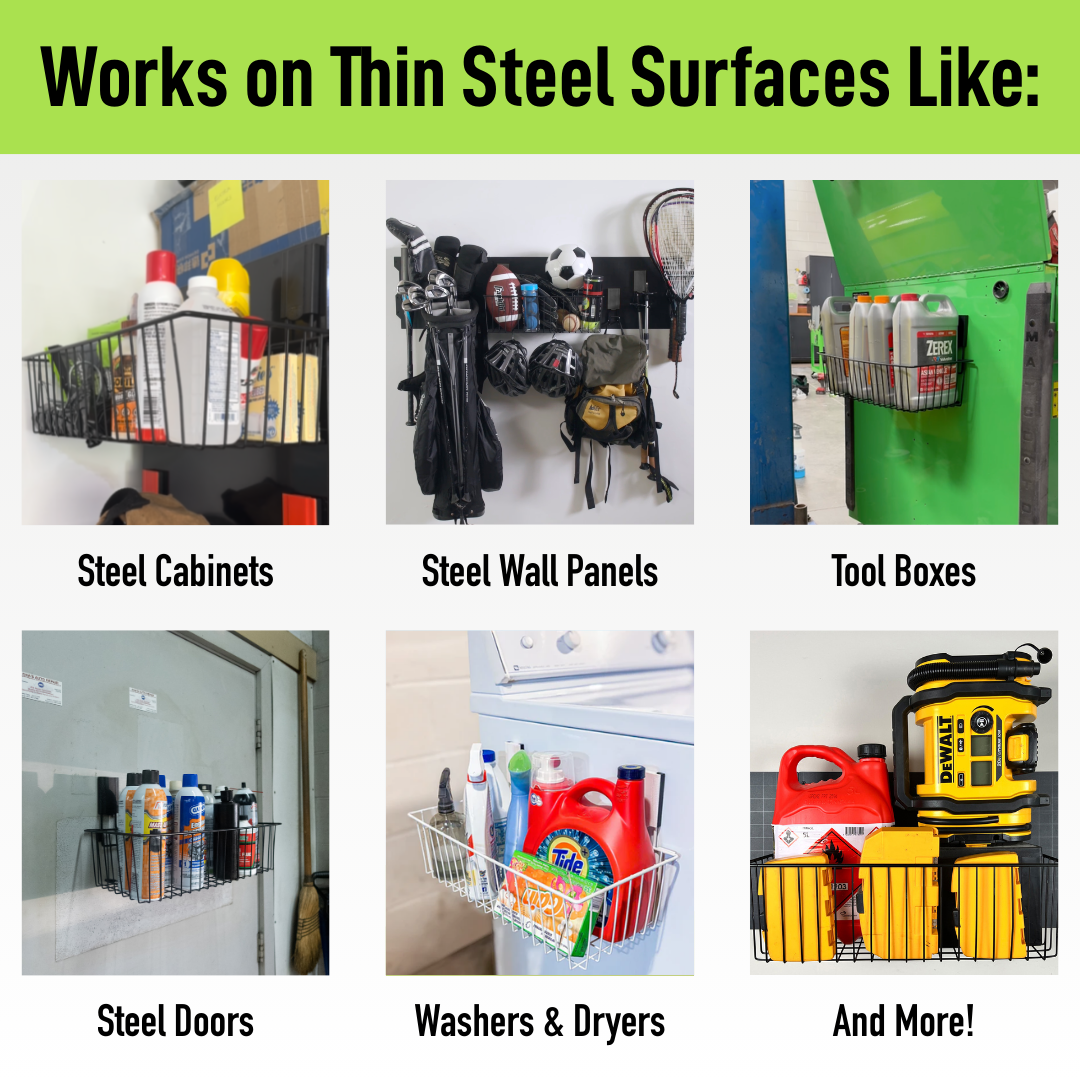 Six images show Gator Magnetics magnetic storage baskets holding various cleaning supplies, automotive fluids, and power tools mounted effortlessly on flat steel surfaces including steel cabinet doors, corrugated steel building walls, a green steel toolbox side, a steel entry door, a washer or dryer steel panel, and a steel shelf, demonstrating magnetic wall hook versatility for organized storage in workshops and garages.