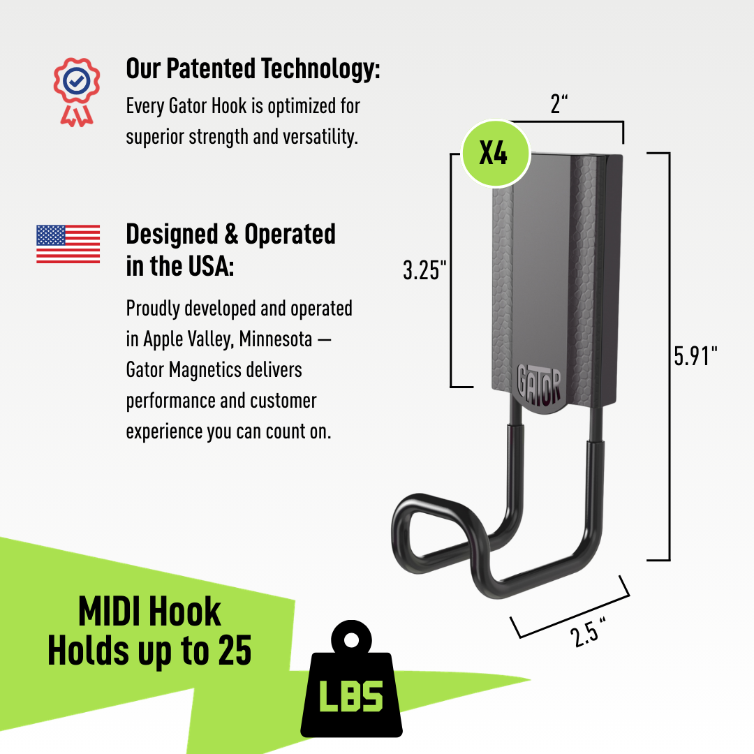 Diagram of a Gator Magnetics Magnetic Hook with measurements 2 inches wide, 5.91 inches tall, and 2.5 inches deep, showing its patented design and highlighting its 25 lb holding capacity on steel surfaces.