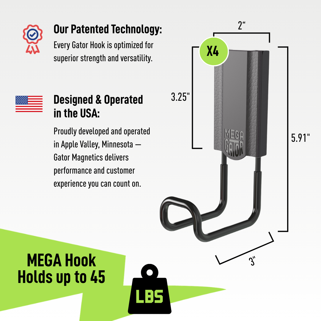 A detailed illustration of a black Gator Magnetics Magnetic Hook with dimensions labeled for height, width, and depth, alongside text highlighting its patented technology, design and operation in the USA, and its heavy-duty holding capacity of up to 45 lbs, intended for use on flat steel surfaces in garages and workshops to store golf clubs in garage and other heavy items effortlessly without drilling.