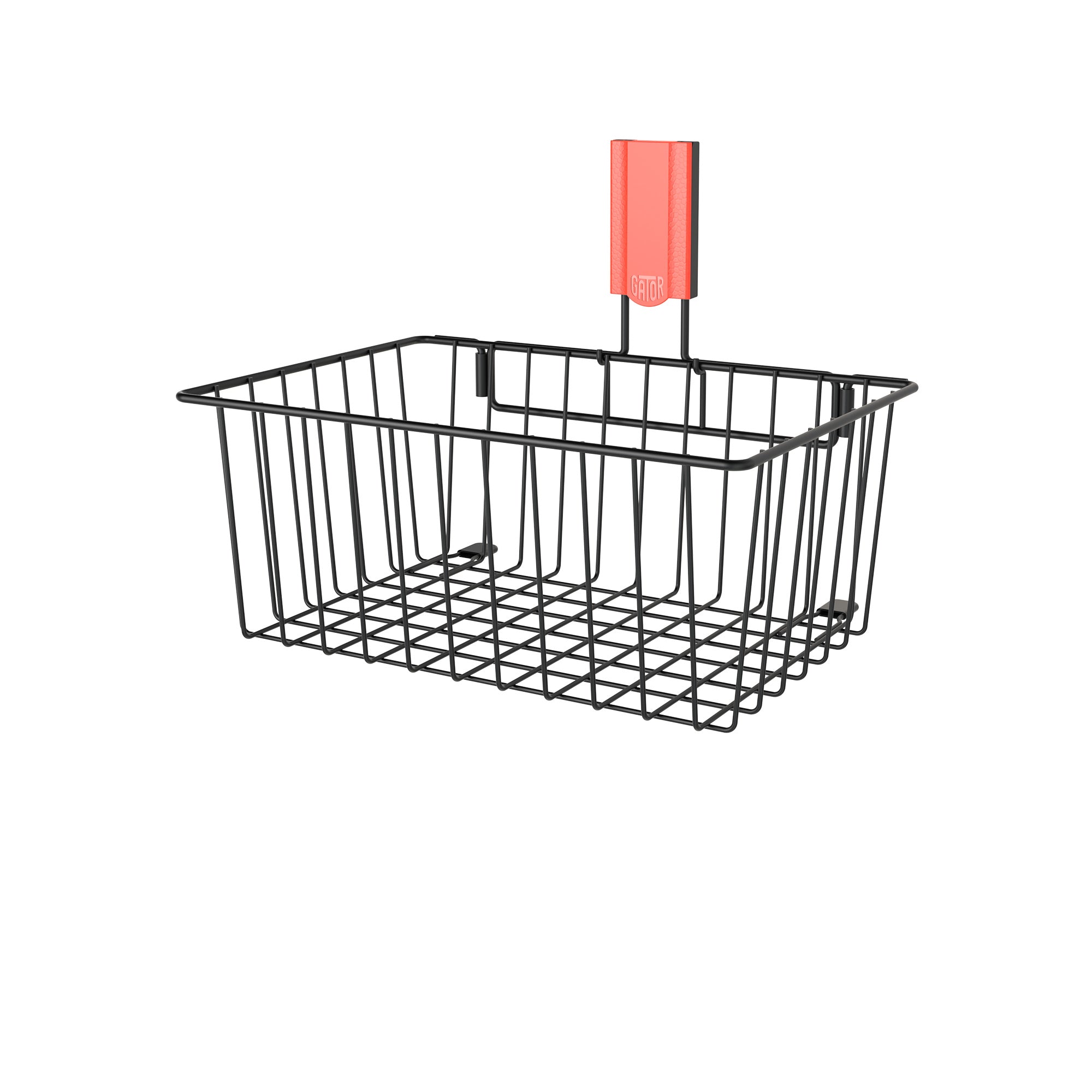 A black magnetic storage basket with a red magnetic hook from Gator Magnetics shown isolated on a white background, designed to hang on flat steel surfaces and ideal for organizing small parts or tools, subtly suggesting use as a white basket for versatile storage needs.