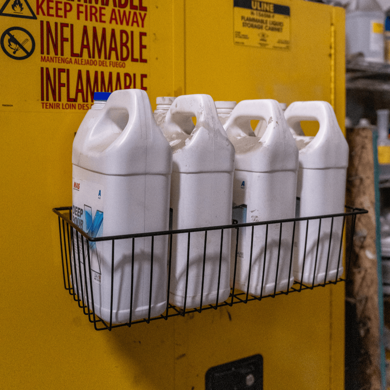 A black magnetic storage basket from Gator Magnetics holds six white plastic containers on a yellow steel flammable safety cabinet door, providing an efficient way to declutter drawing supplies or fluids in the workshop.