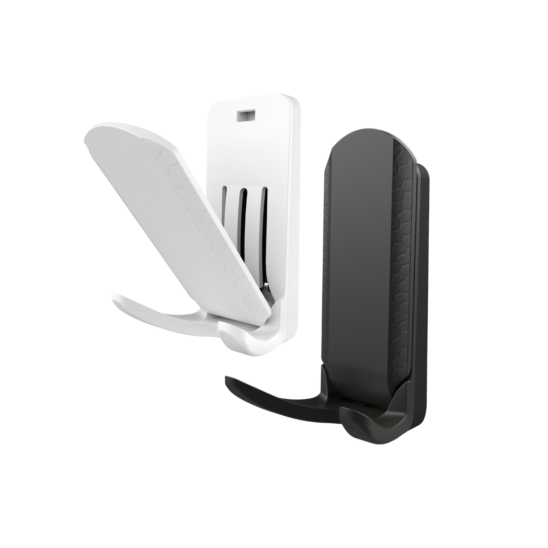 Set of two magnetic hooks, one white with an open lever showing internal mechanism and one black with a closed lever, both featuring a curved design for secure attachment to steel surfaces.