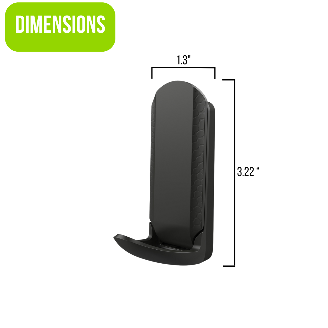 Black magnetic hook with dimensions labeled as 3.22 inches tall and 1.3 inches wide, featuring a sleek curved lever design for steel surface mounting.