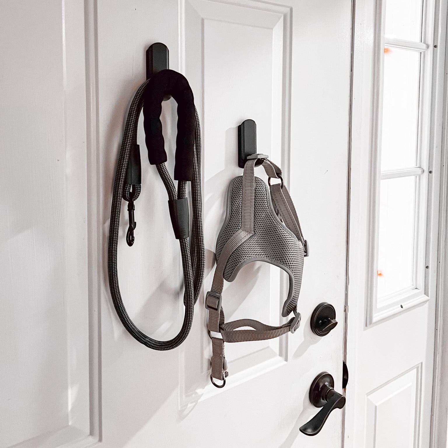 Black magnetic hooks mounted on a white steel door holding a dog leash and harness, providing convenient pet gear storage by the entryway.