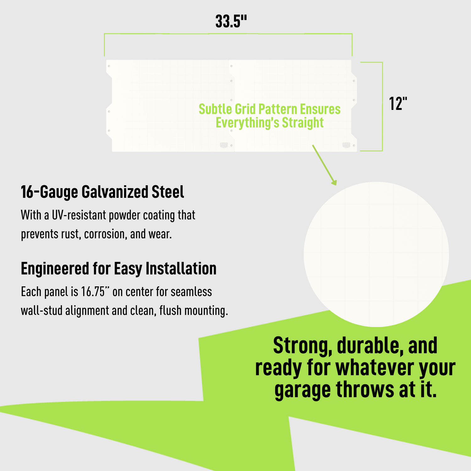 34-inch white steel wall panel system specifications and 16-gauge construction.
