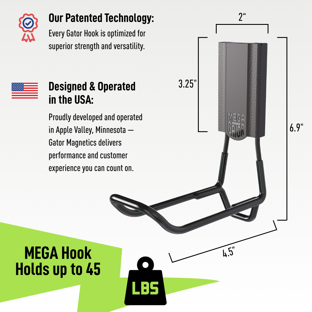 Gator 4.5-inch MEGA magnetic hook dimension diagram showing 6.9-inch height, 4.5-inch width and 2-inch depth.