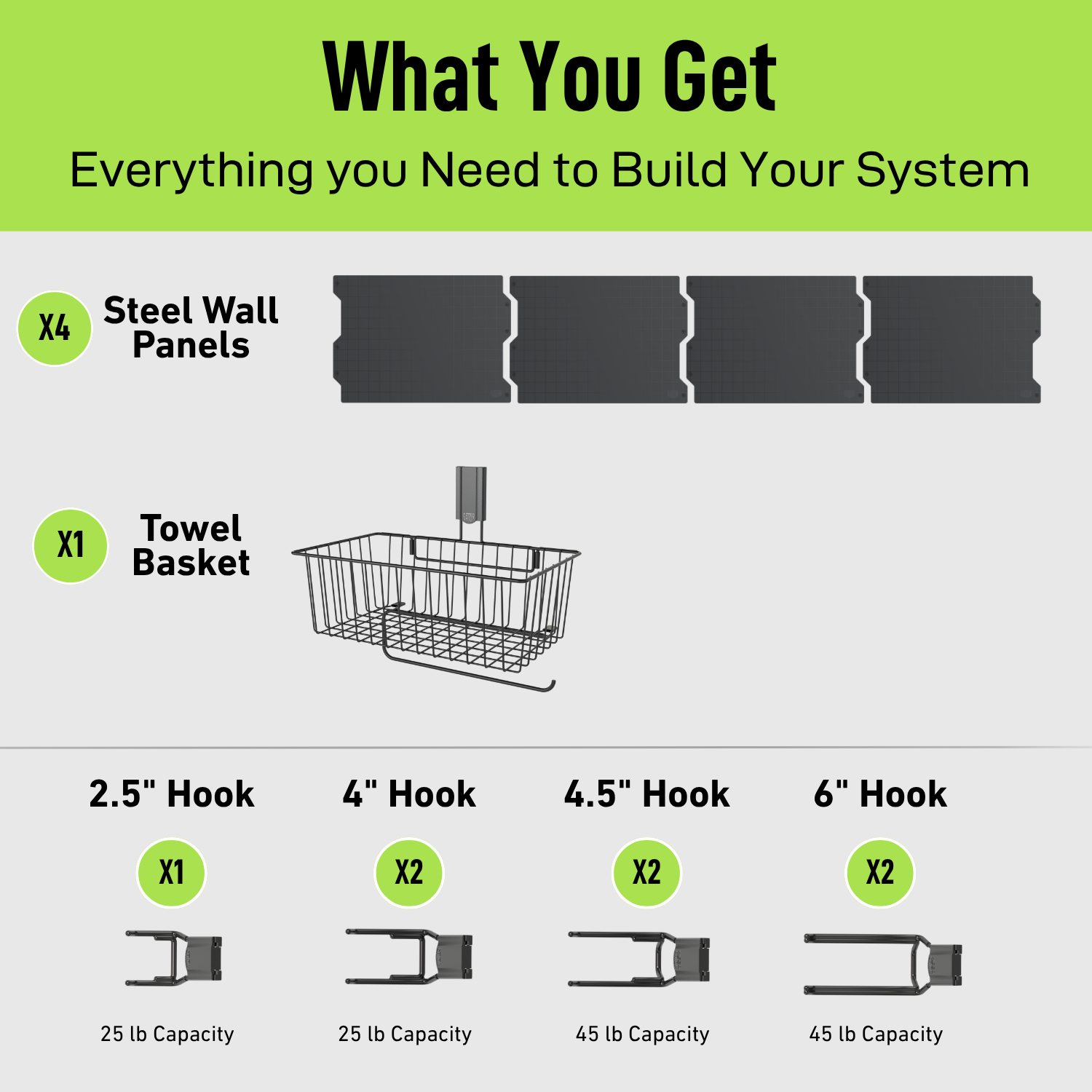 Black 67-inch magnetic wall storage kit contents with steel panels, basket and hooks.