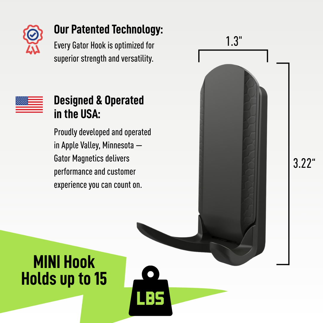 Black Gator Dual Prong MINI magnetic hook dimension diagram showing 1.3-inch width and 3.22-inch height.