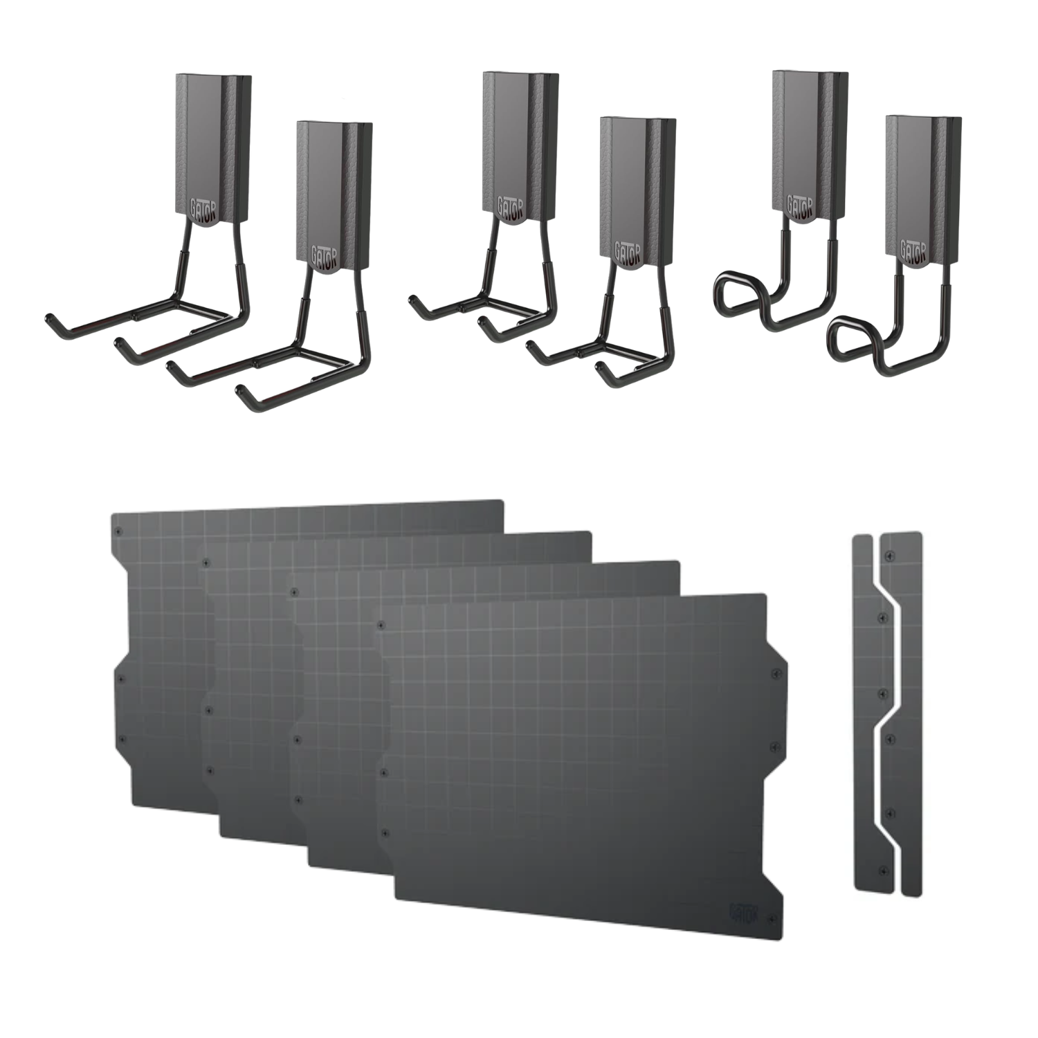 Black Magnetic Garage Storage Starter Kit with steel wall panels, edge caps and Gator Magnetics hooks.