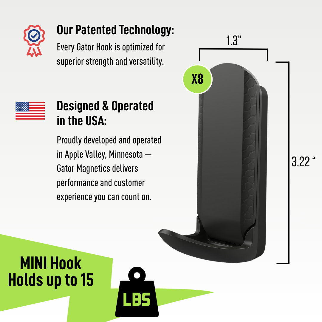 Black Gator MINI magnetic hook dimension diagram showing 3.22-inch height and 1.3-inch width.