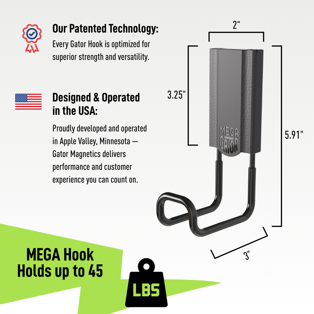 Diagram showing the dimensions of a Gator Magnetics magnetic hook measuring 5.91 inches tall, 3.25 inches wide, and 3 inches deep.
