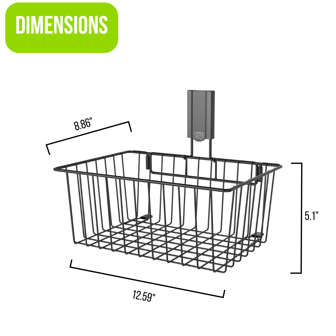Gator Magnetics heavy-duty magnetic basket with dimensions labeled as 12.59 inches wide, 8.86 inches deep, and 5.1 inches high, designed for versatile storage and organization on steel surfaces in garages, workshops, utility vans, and sheds.