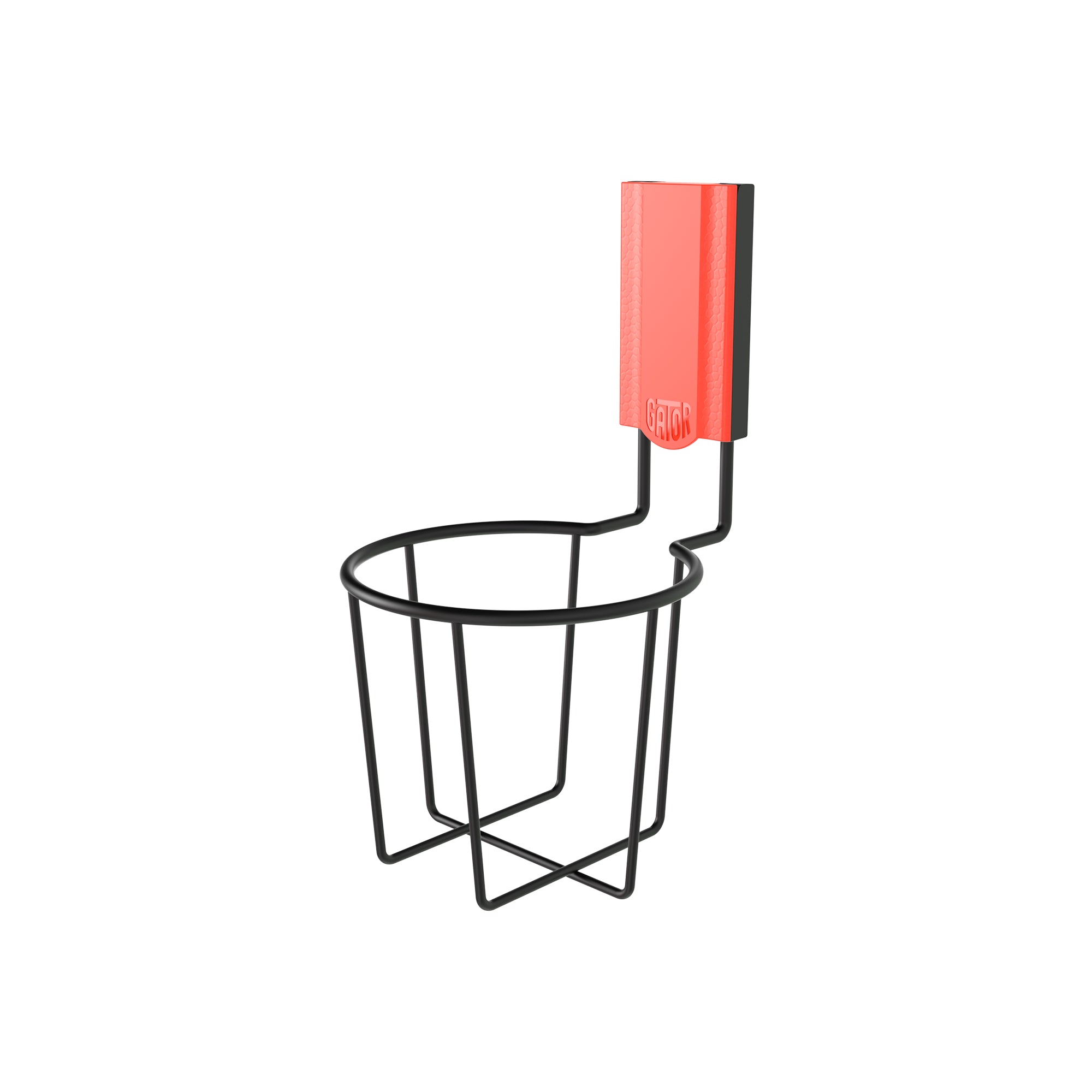 Heavy-duty Gator Magnetics magnetic cup holder with a black wire basket and red magnetic mount, designed for versatile storage and organization on steel surfaces in garages, workshops, utility vans, and more.