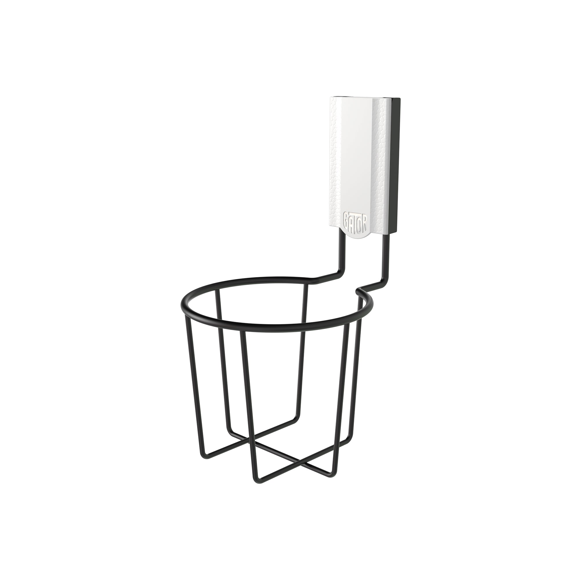 Heavy-duty Gator Magnetics magnetic cup holder with a black wire basket and white magnetic mount, ideal for versatile storage and organization on steel surfaces in garages, workshops, utility vans, and more.