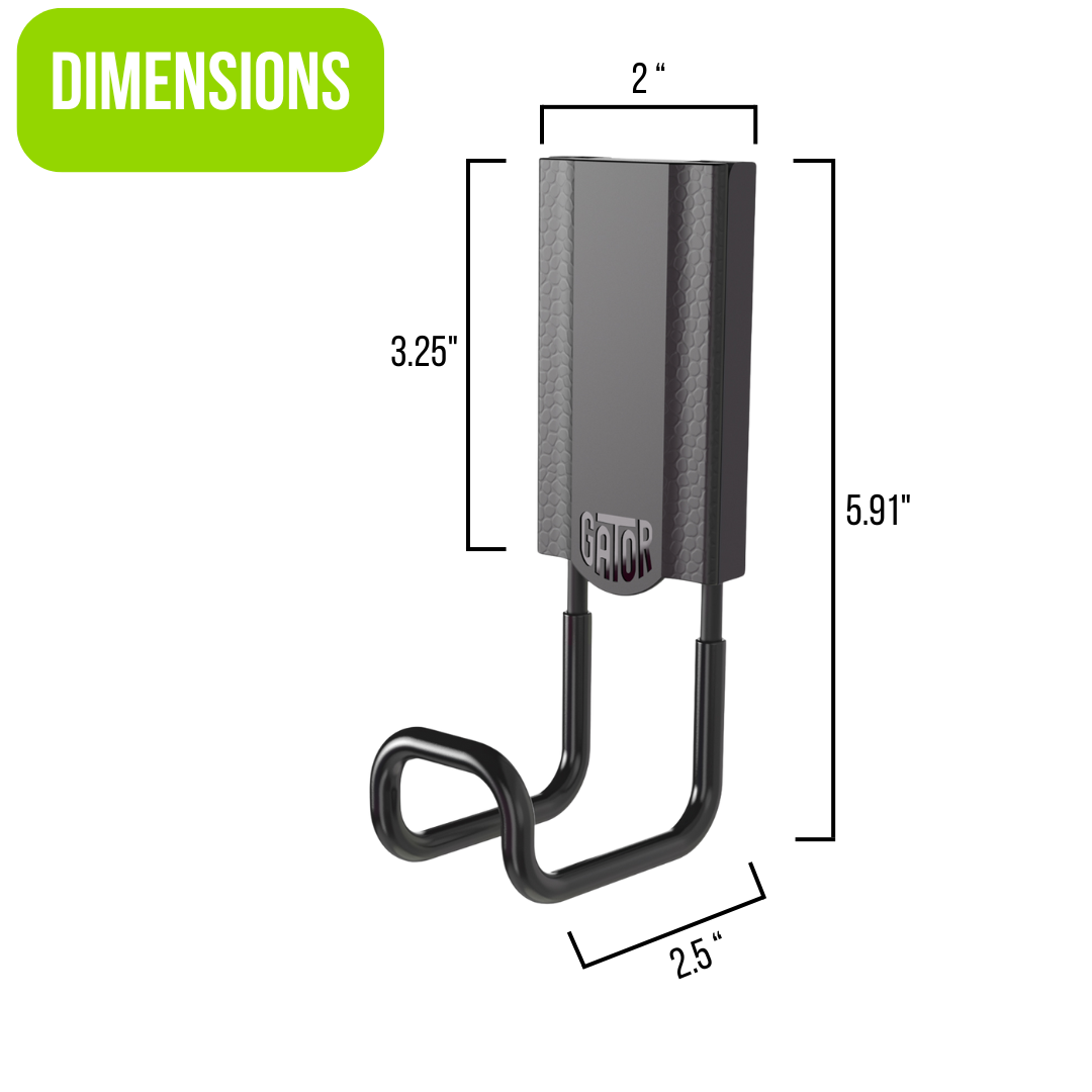 Dimension diagram of Gator Magnetics heavy-duty magnetic hook, showing measurements for secure tool and accessory storage.