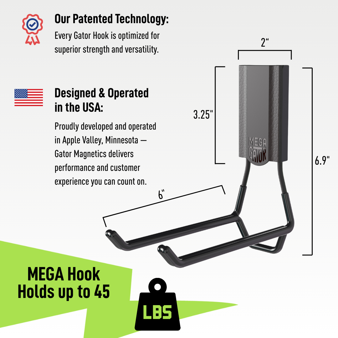 Gator MEGA 6-inch magnetic hook dimension diagram with width, height and hook length measurements.