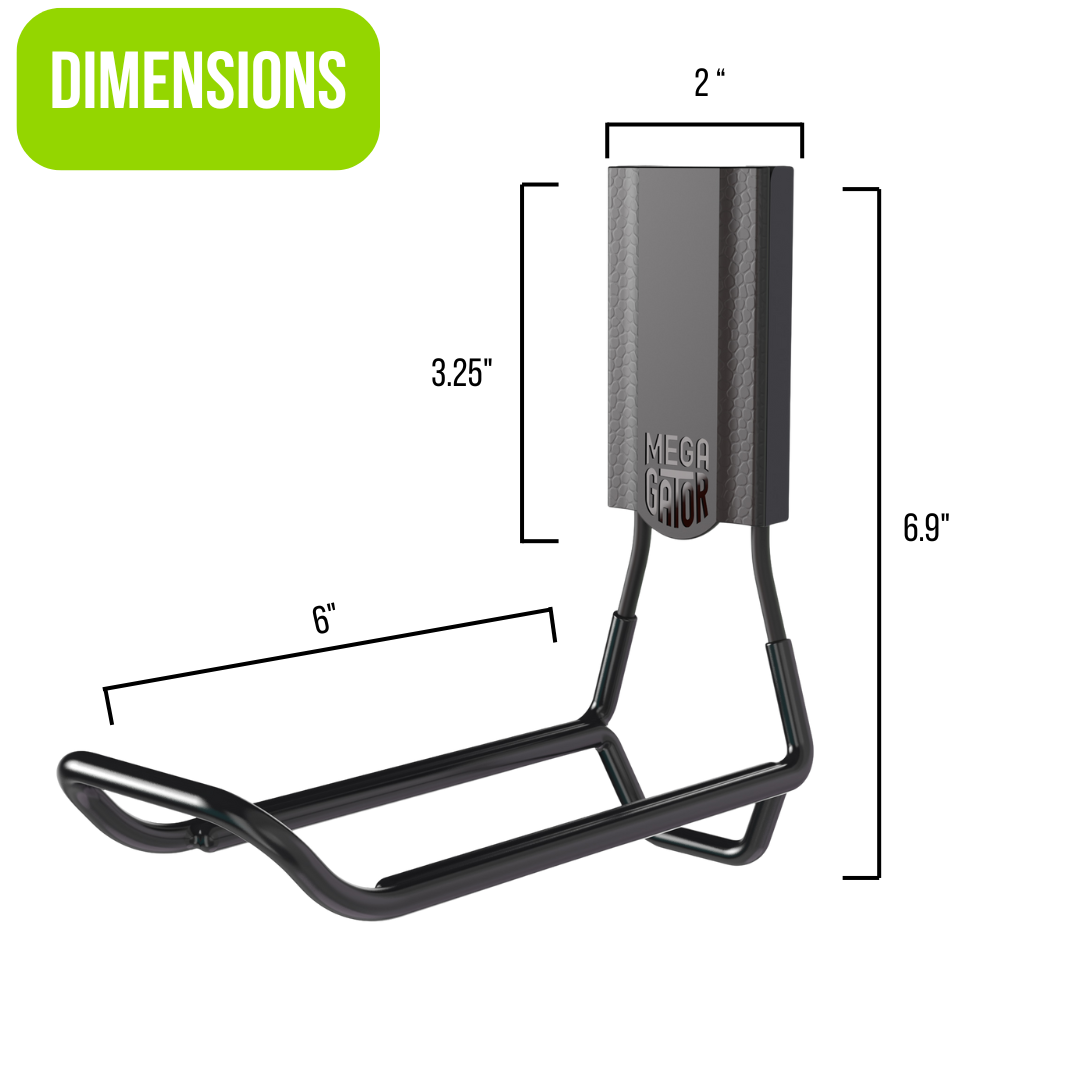 Gator Magnetics Mega Hook heavy duty magnetic hook with 6-inch prongs, shown with dimensions for garage storage and organization, designed for use on a wall storage system or garage storage system to securely hold tools, equipment, and gear.