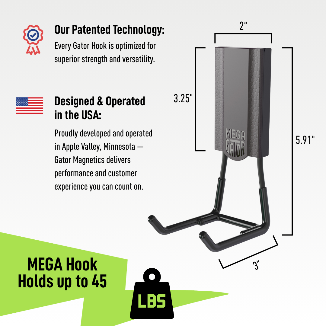 Gator MEGA magnetic hook dimension diagram showing 5.91-inch height, 3-inch width and 2-inch depth.