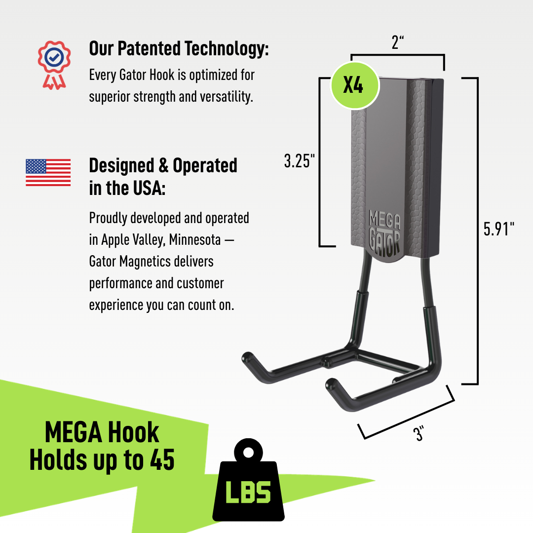 A single black Gator Magnetics magnetic hook is shown with dimensions indicated as 5.91 inches tall, 3 inches wide, and 2 inches deep.