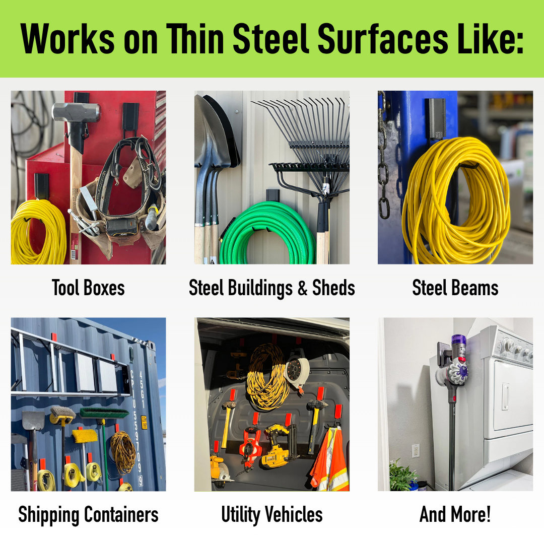 Six images show Gator Magnetics heavy-duty magnetic wall hooks used on various steel surfaces.