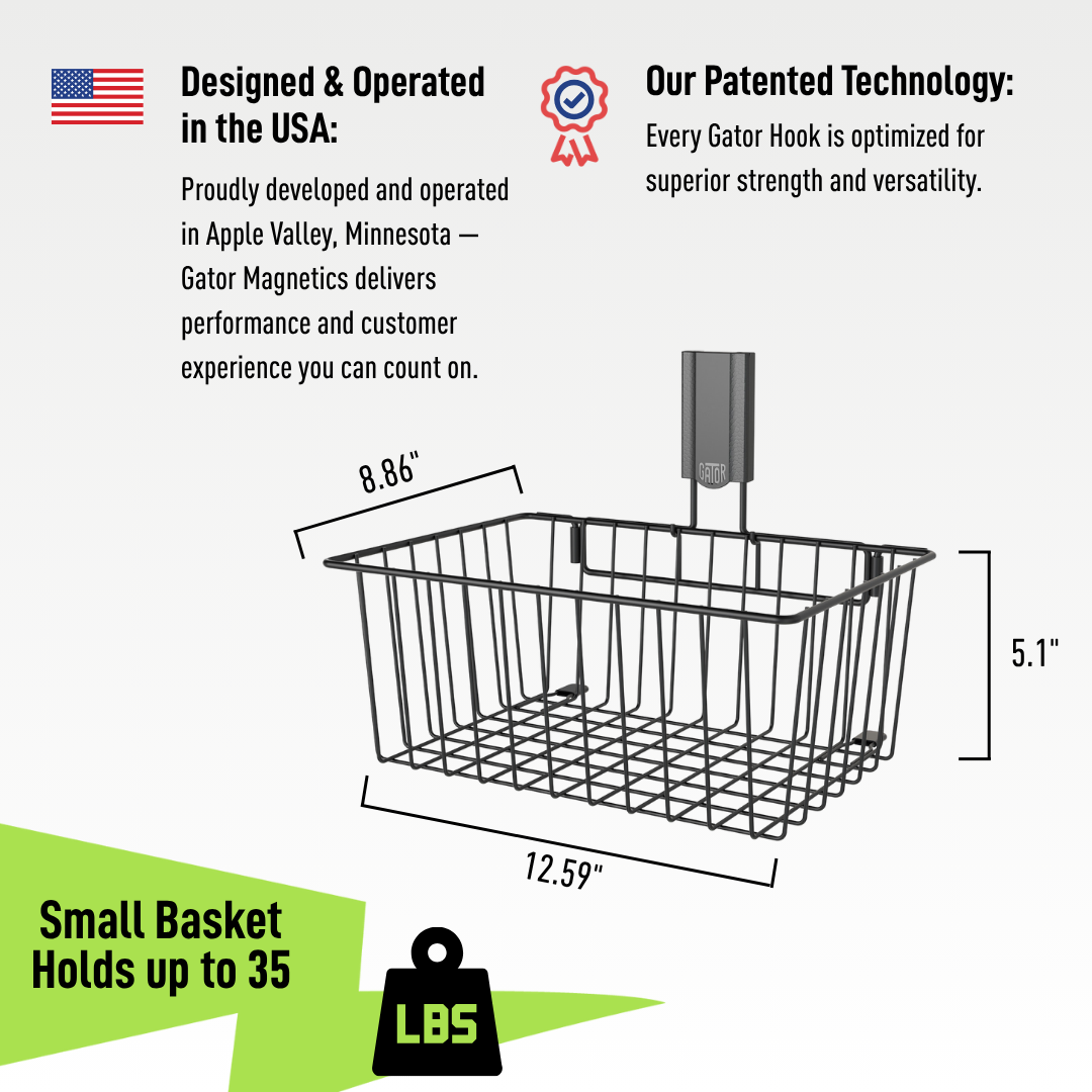 Gator small magnetic basket dimension diagram showing 12.59 by 8.86 by 5.1 inches.
