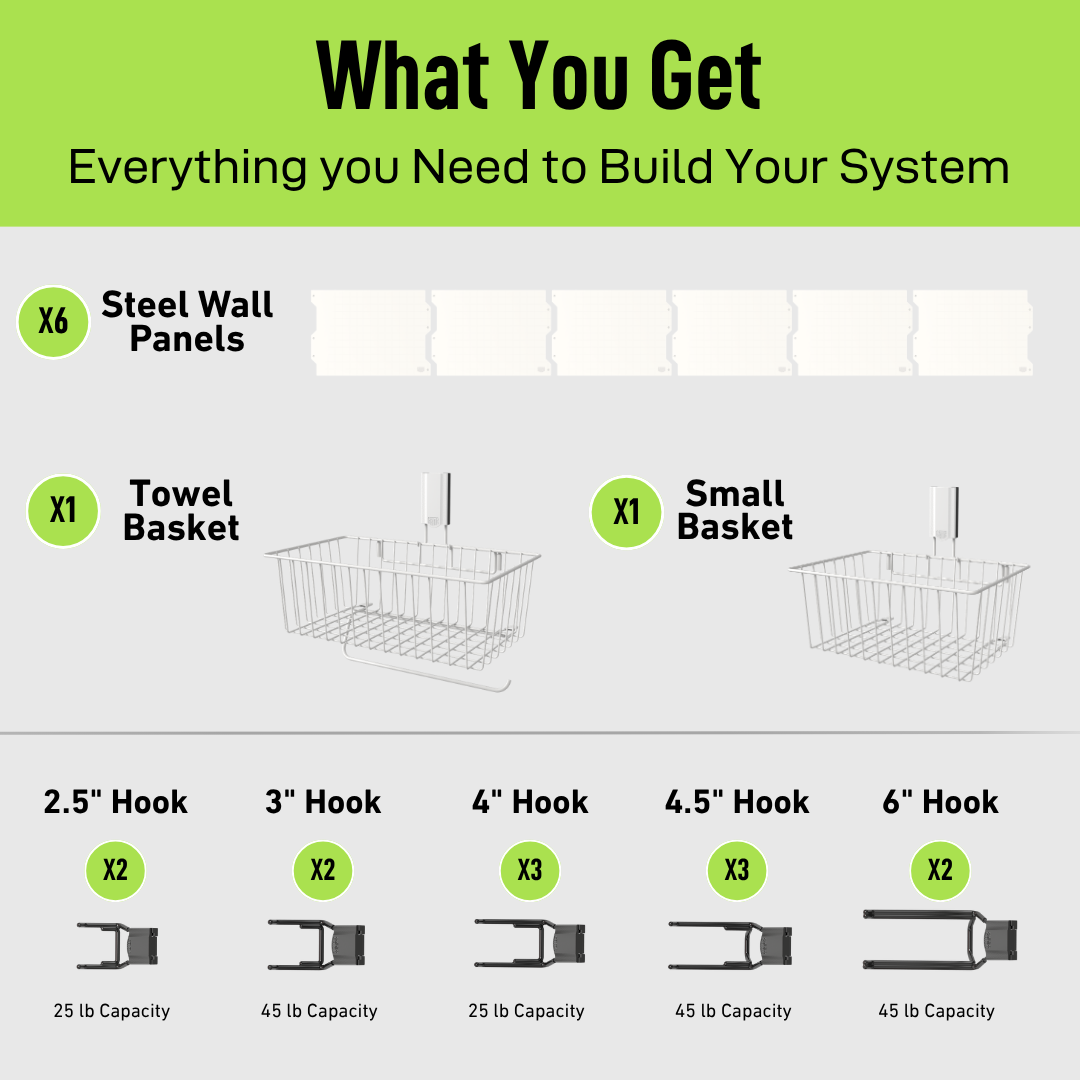White 100-inch magnetic wall storage kit contents with steel panels, baskets and hooks.