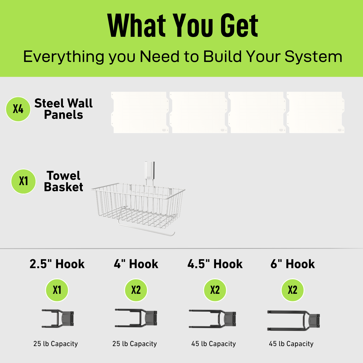 White 67-inch magnetic wall storage kit contents with steel panels, basket and hooks.