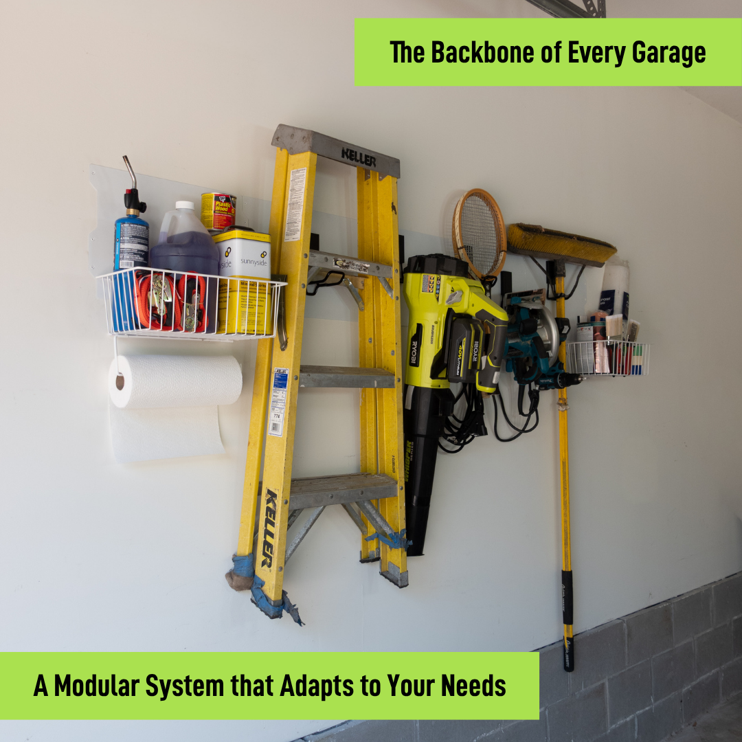White 84-inch magnetic wall storage system organizing a ladder, tools and yard equipment.