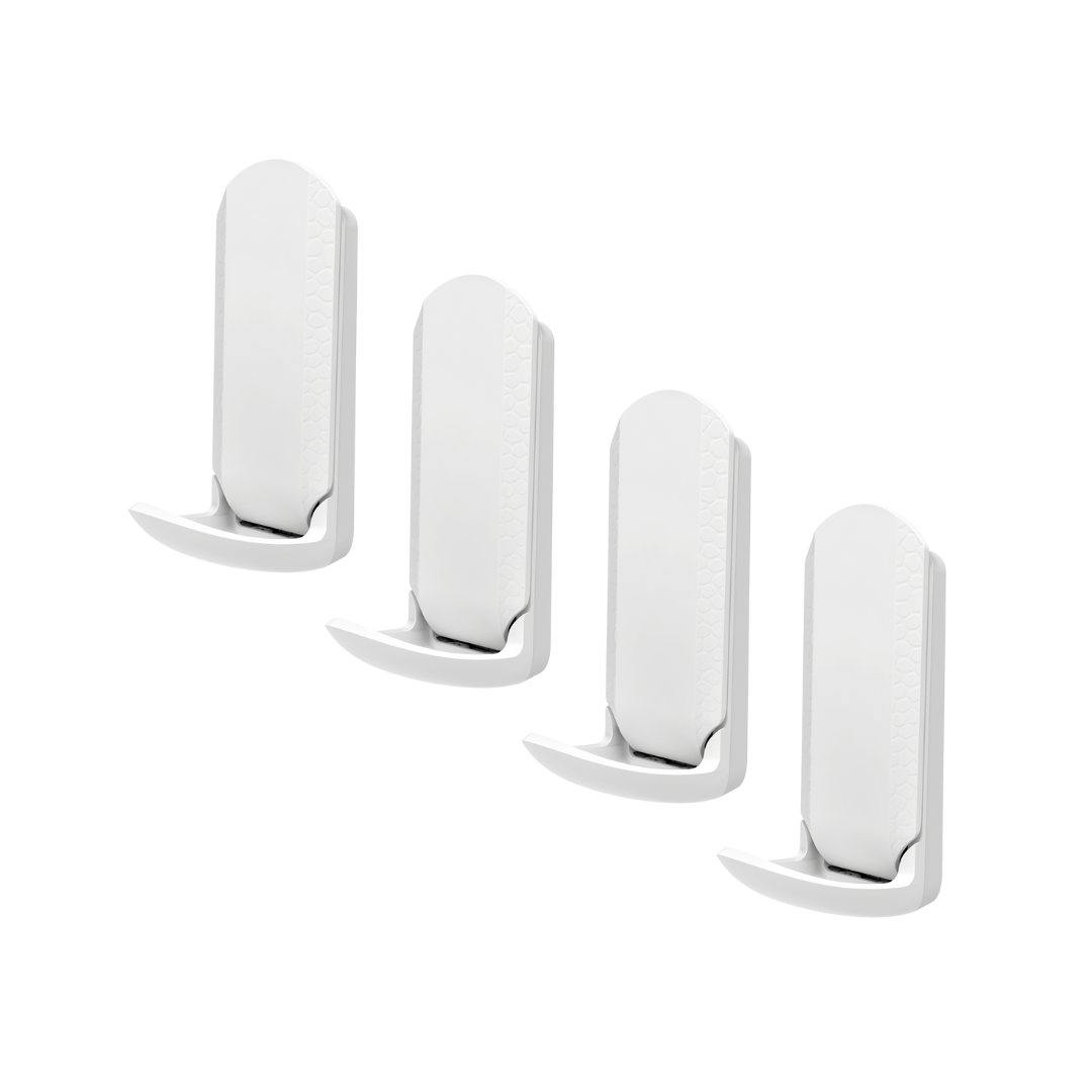 Set of four Gator Magnetics white mini hooks built for strong, reliable hold on thin steel surfaces, ideal for organizing household items, tools, and gear in kitchens, offices, and garages.