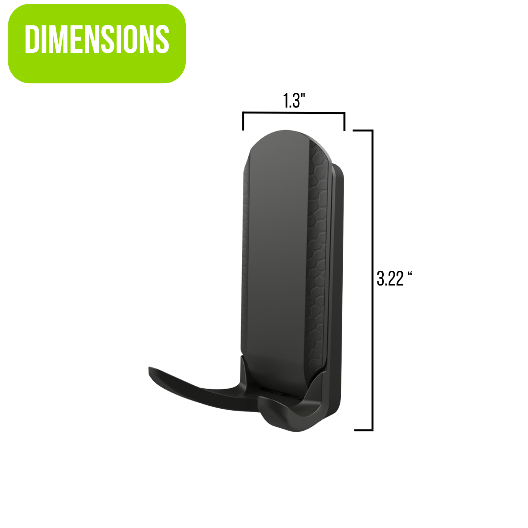 Black Gator Magnetics hook with measurements 3.22 inches tall and 1.3 inches wide, showcasing size specifications for heavy-duty magnetic storage solutions.