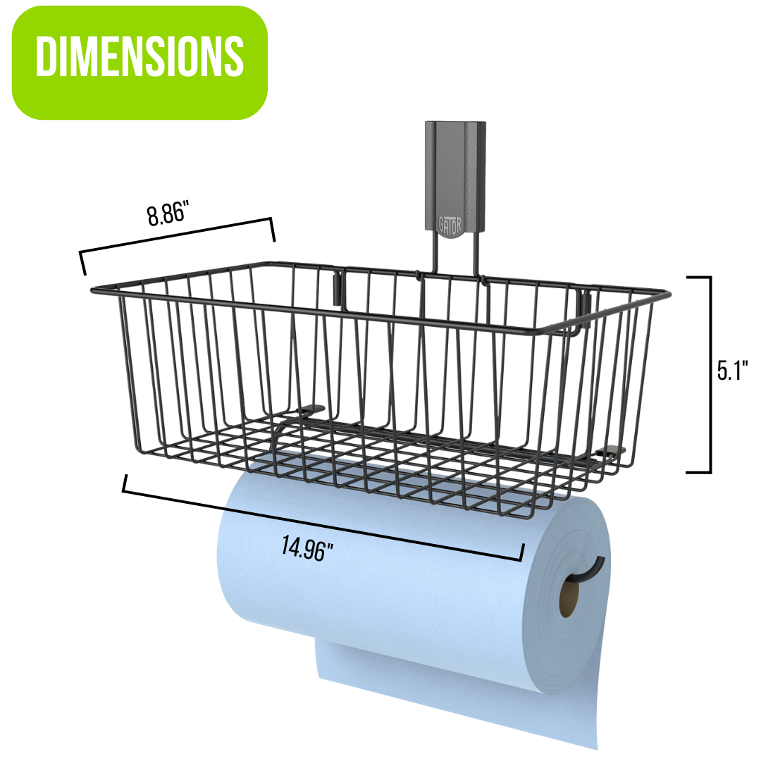 Magnetic basket with paper towel holder dimensions, measuring 8.86 inches deep, 14.96 inches wide, and 5.1 inches tall, designed for garage and workshop storage and organization.