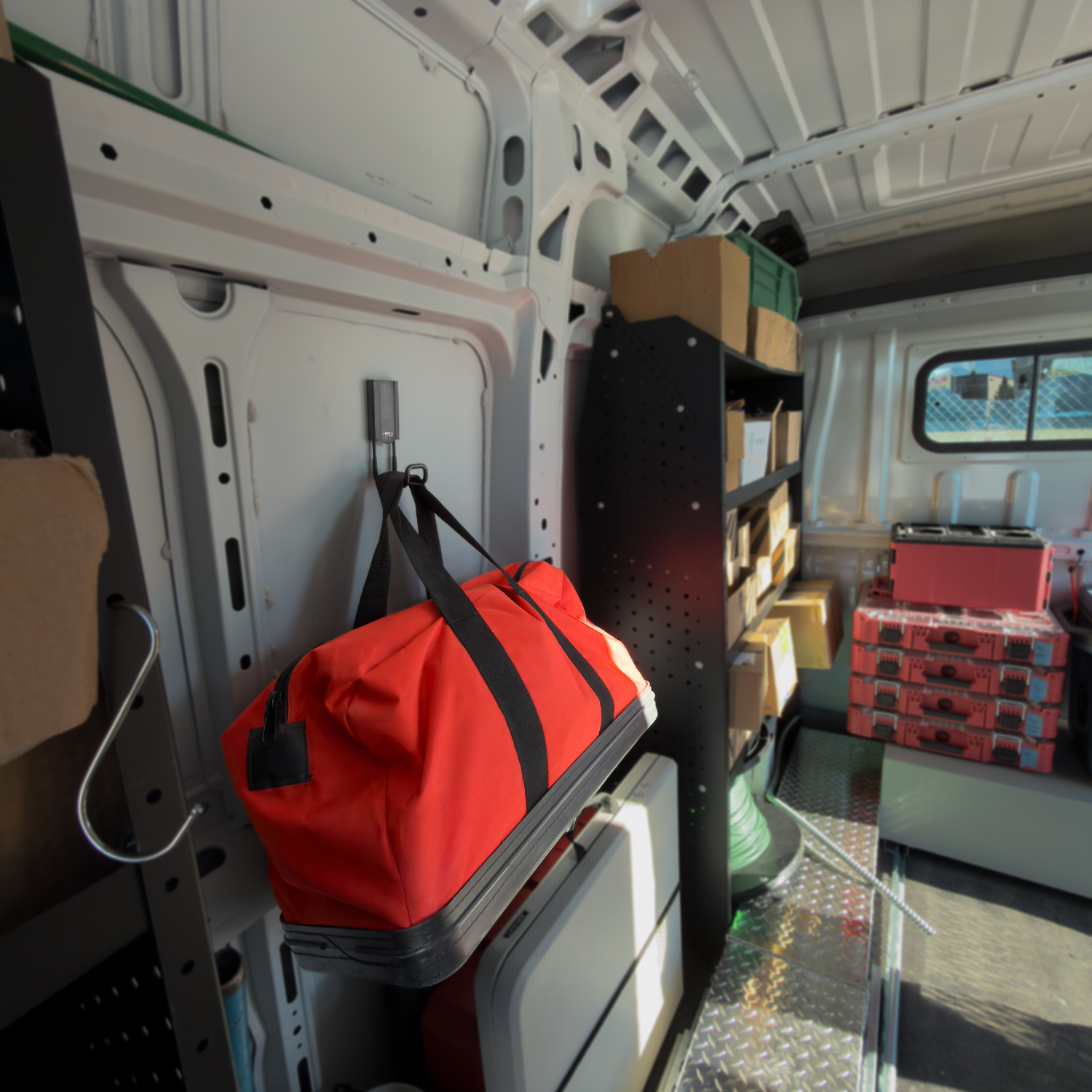 Magnetic Hook being used in a van to create storage and hang a duffel bag.