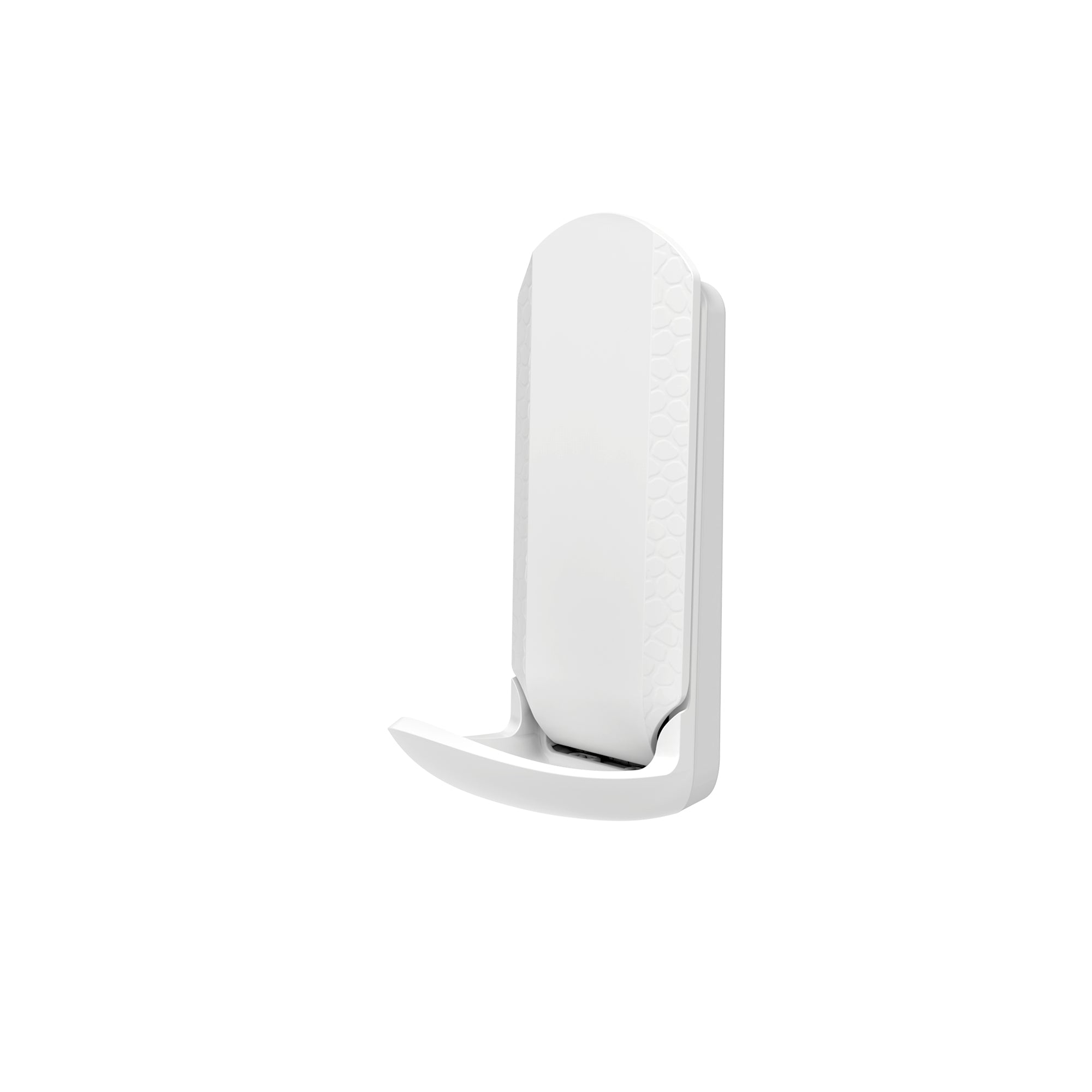 White magnetic hook with a curved lever design and subtle textured side detailing, ideal for secure mounting on steel surfaces for storage and organization.