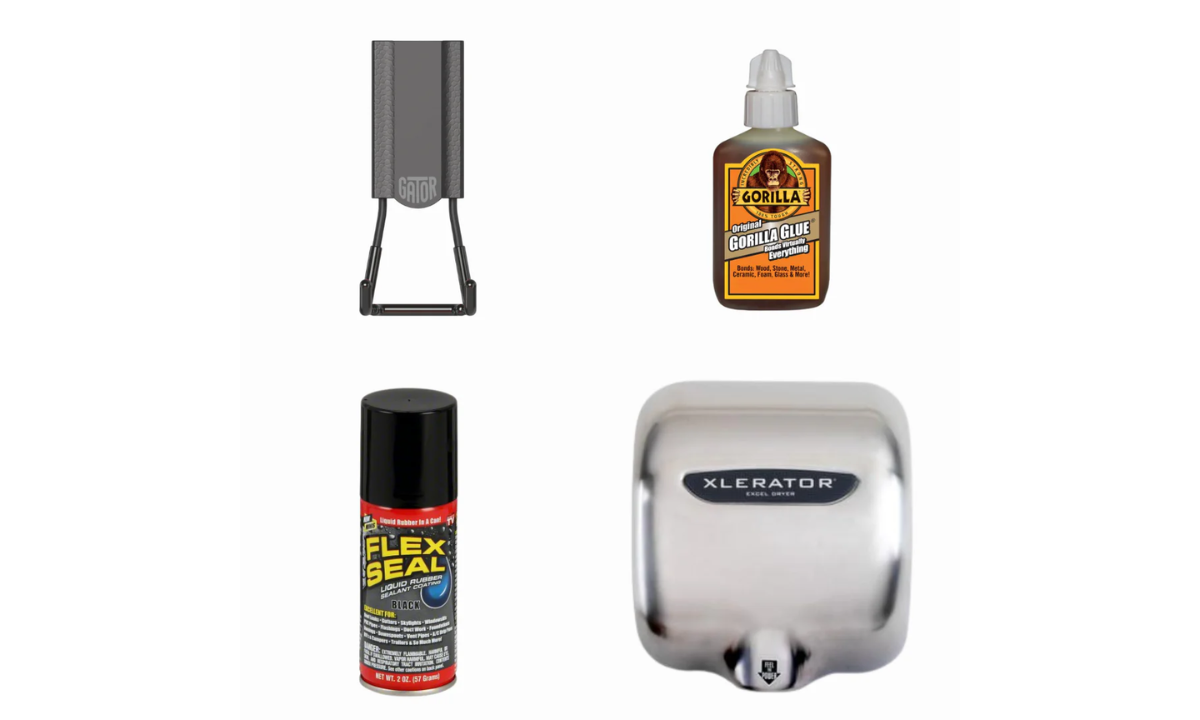 Black Gator magnetic hook shown beside Gorilla Glue and Flex Seal products.