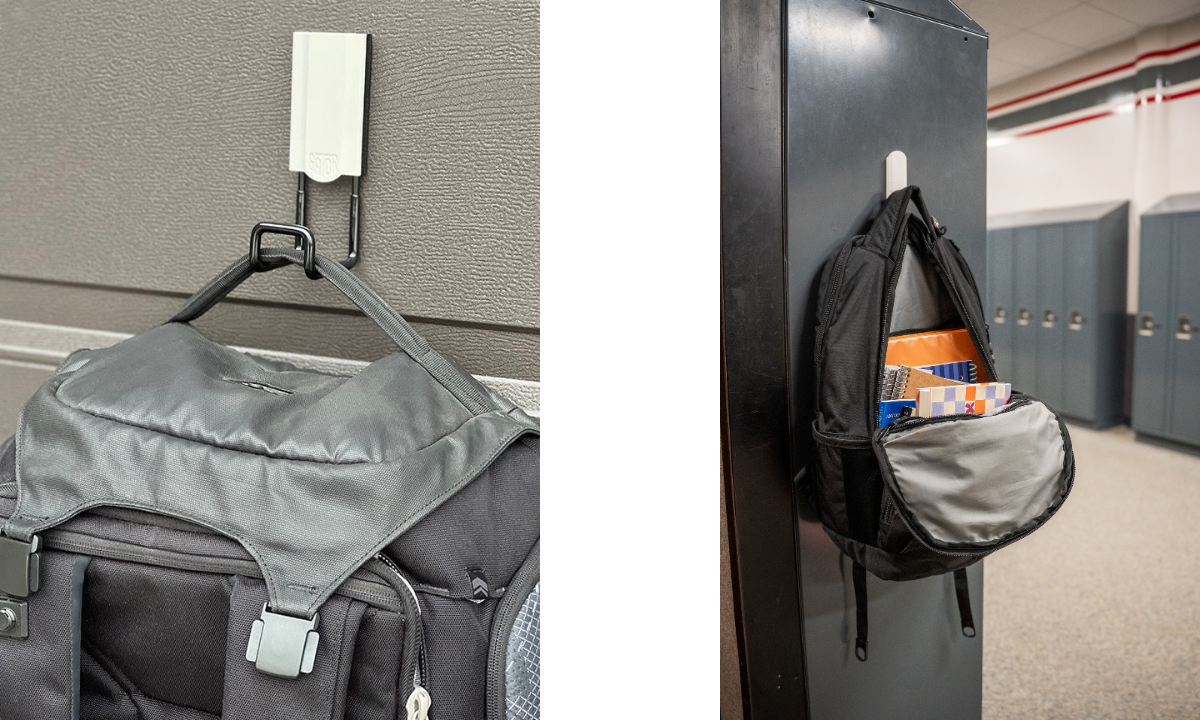 Backpacks hanging from Gator magnetic hooks on steel wall and locker surfaces.