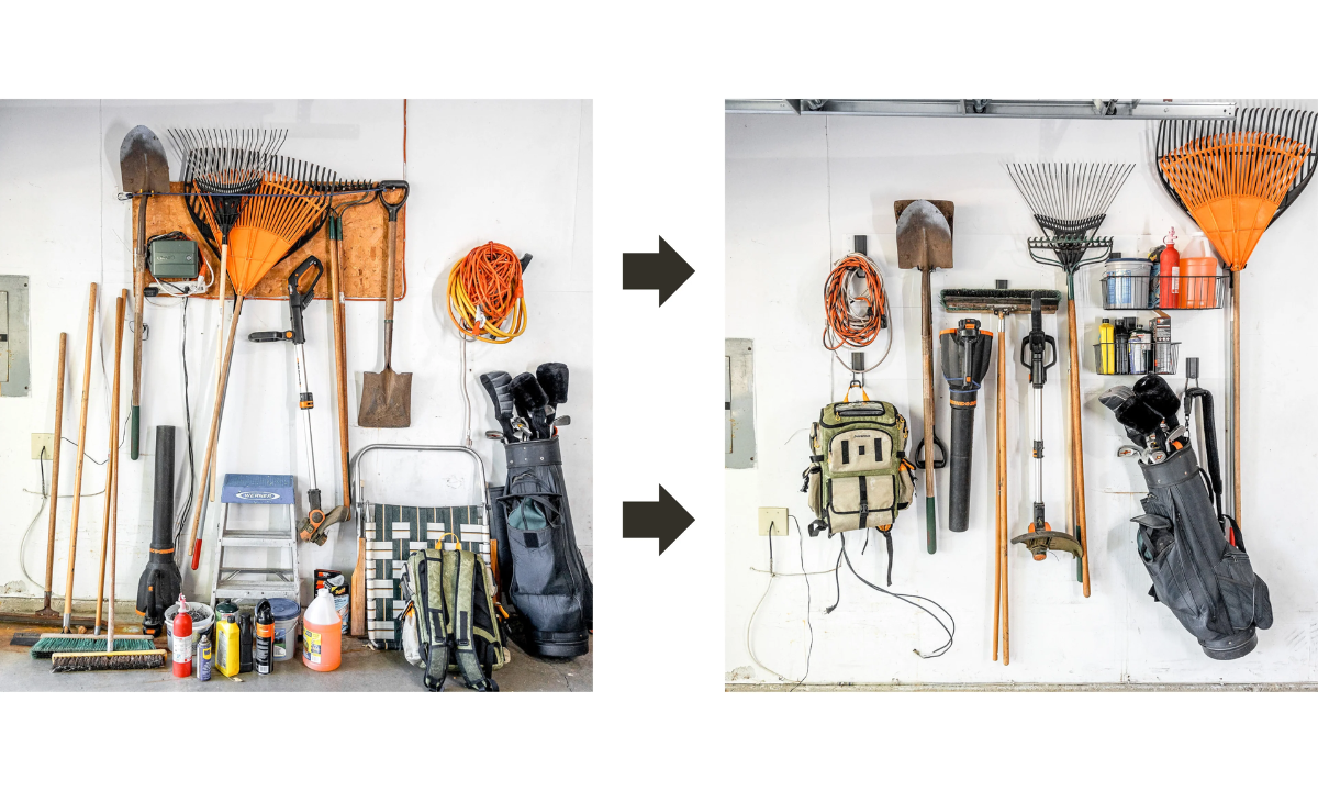 Garage tools organized on a painted steel wall with Gator magnetic hooks and baskets.