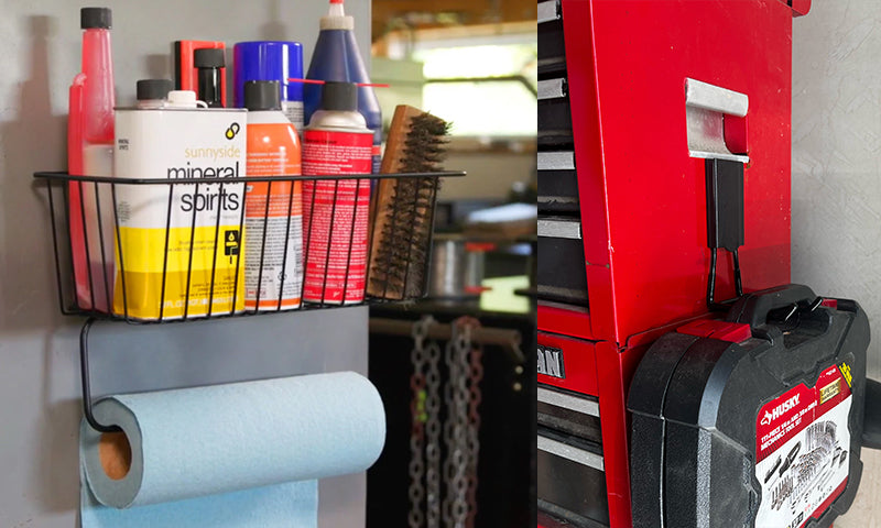 Gator magnetic basket and hook organize sprays, paper towels and a tool case on steel.