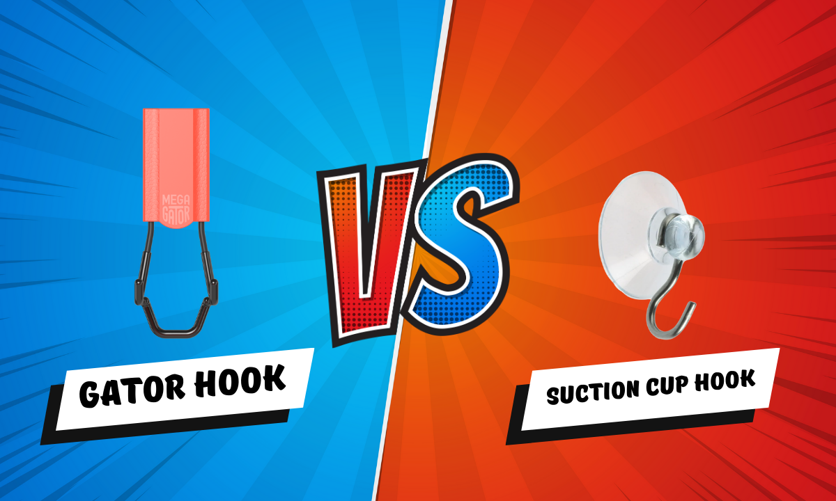 Comparison graphic showing a Gator magnetic hook versus a suction cup hook.