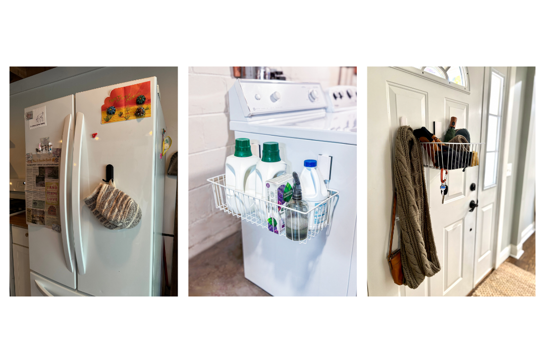 Red magnetic hook holds a knit hat on a refrigerator while a white basket stores laundry supplies.